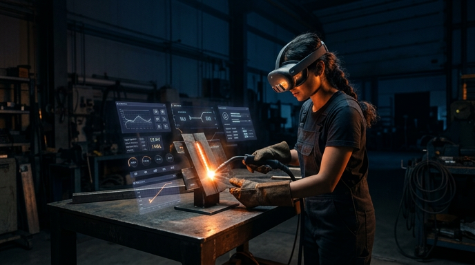 Trainee using AR headset for immersive welding skilling