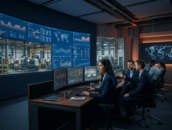 Enterprise operations center with data dashboards and analysts